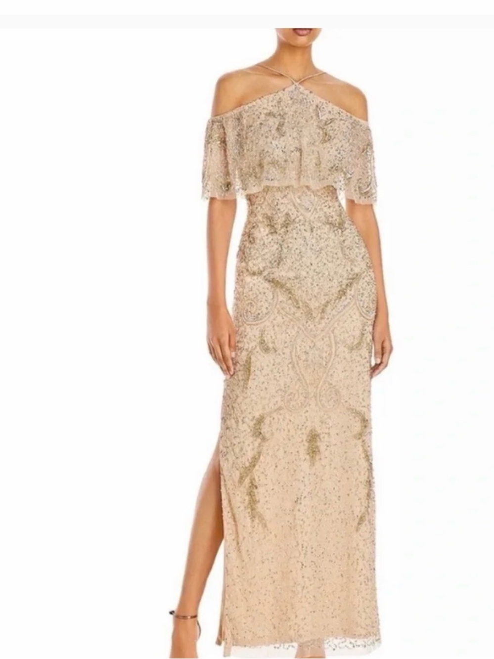 Aidan Mattox One-Shoulder Gold Beaded Evening Gown